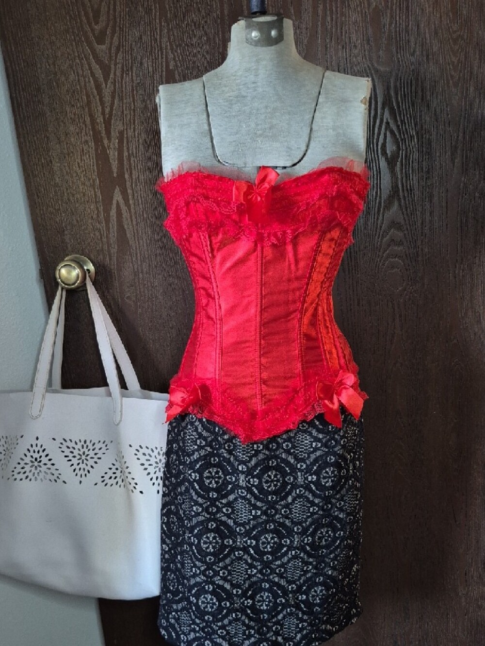 CORSET CLOSEOUT ALL $10 NWOT Red Satin Lace Corset Top with Bow Accents - Picture 2 of 10